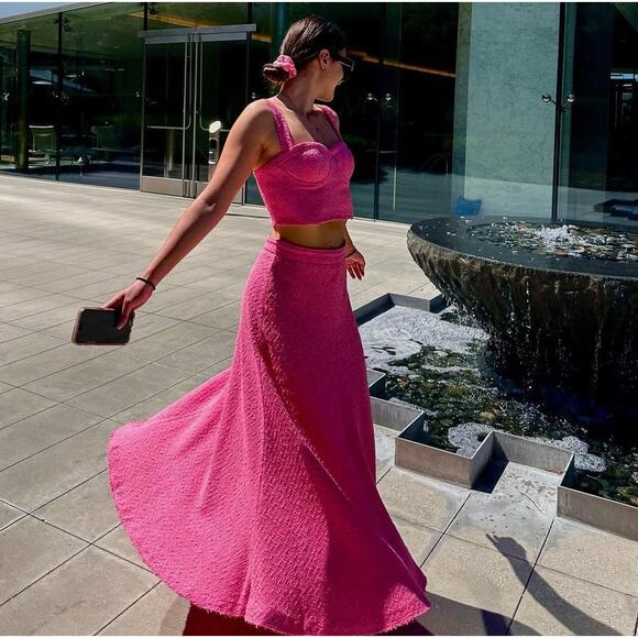 ZARA Hot Pink A-Line Maxi Skirt Textured Fabric NWT Size L - Picture 7 of 15